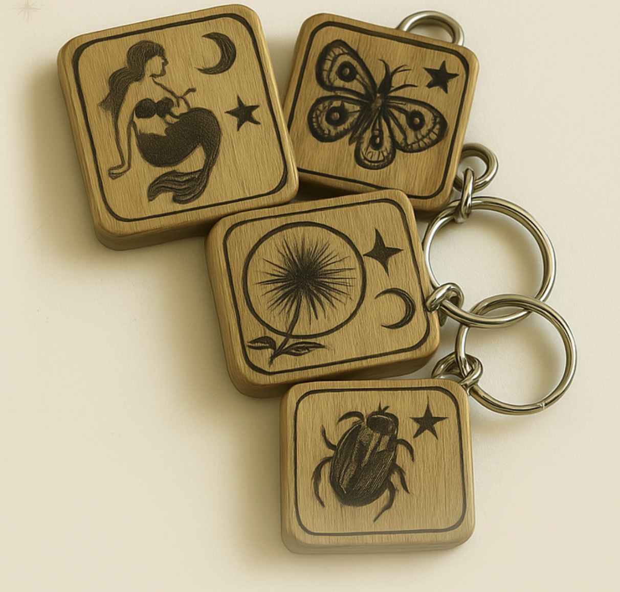 Wooden Tiny Tarot talismans with {{ props.city }} backdrop